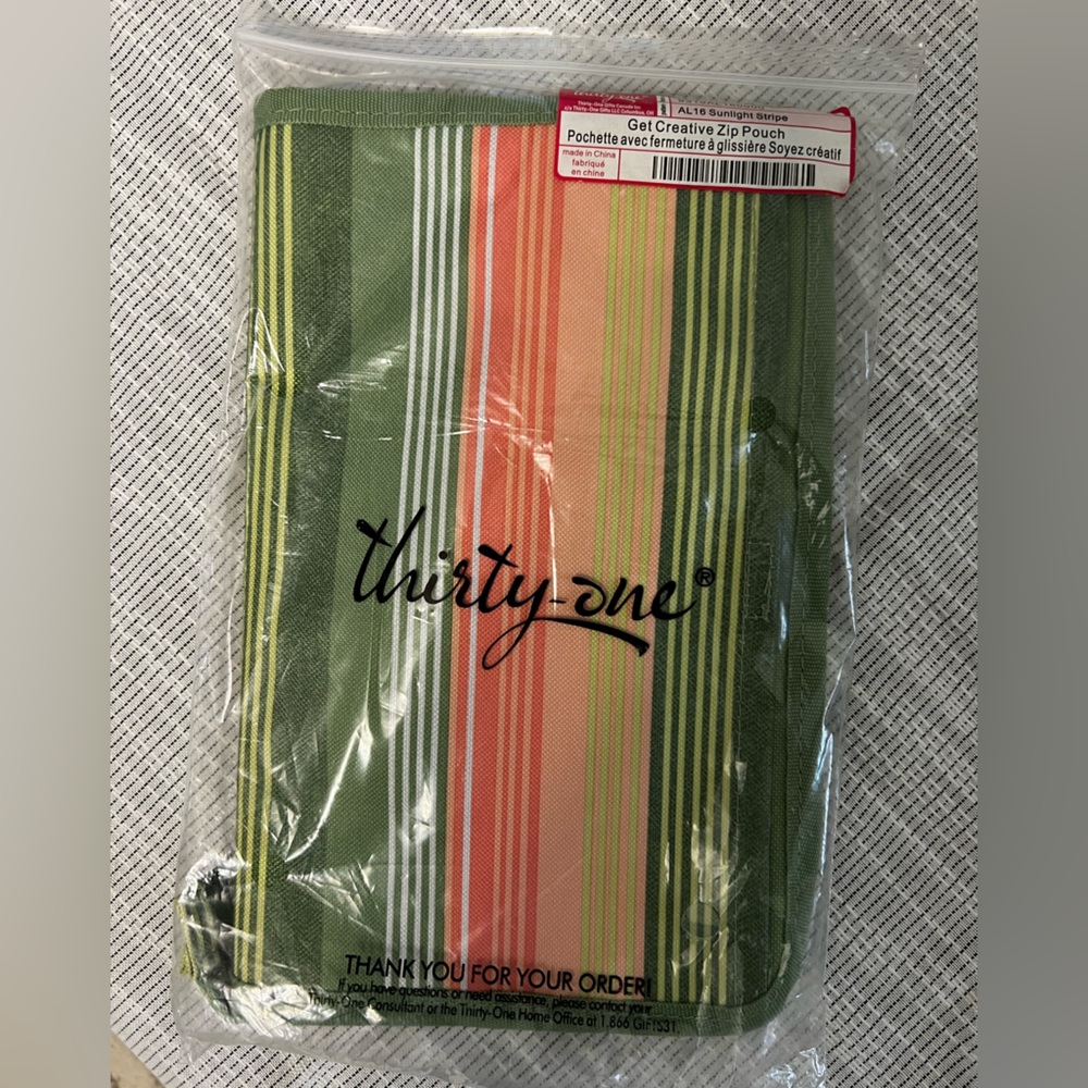 Thirty-One Green and Pink Striped Get creative zip pouch
